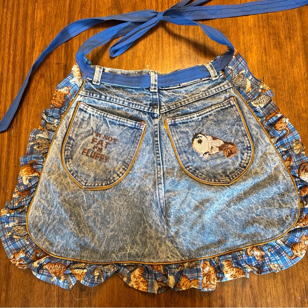 Cats Themed Homemade Half Apron Jeans Denim Ruffles “I’m Not Fat, I’m Fluffy”